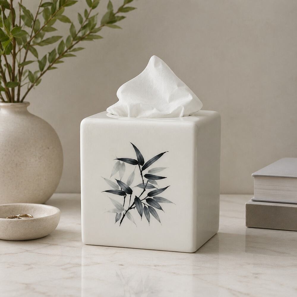 Vintage 70s Ceramic Tissue Box Cover Bamboo Floral White Square